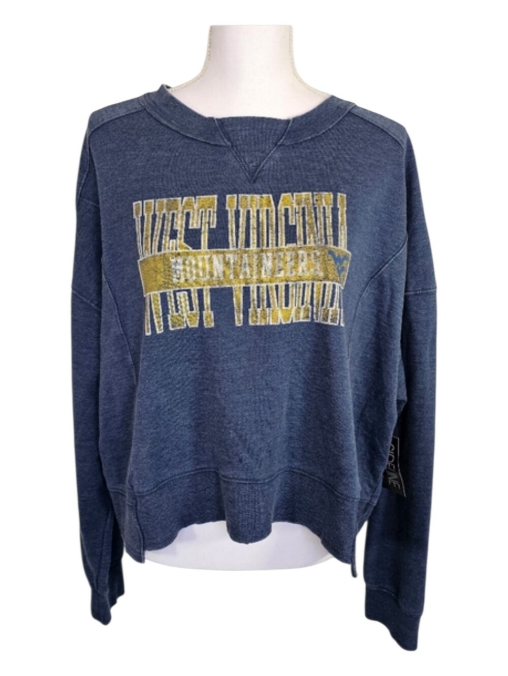NWT West Virginia Mountaineers Blue Gold Burnout Wash Lounge Sweatshirt Wm Sz L